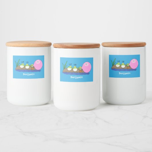 かわいいおもしろいカエルのバブルガム漫画イラストレーション フードラベル (ボトル)