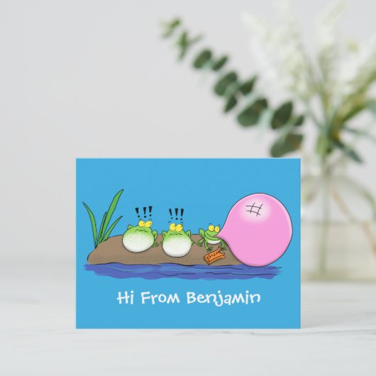 かわいいおもしろいカエルのバブルガム漫画イラストレーション ポストカード (スタンド正面)