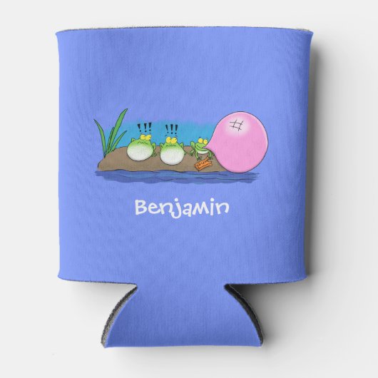 かわいいおもしろいカエルのバブルガム漫画イラストレーション 缶クーラー (正面)