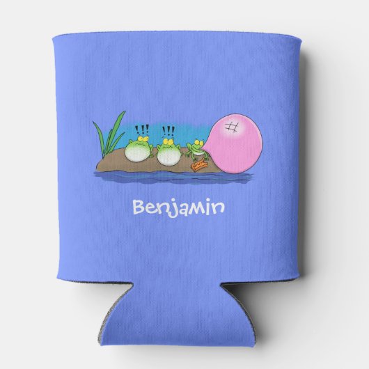 かわいいおもしろいカエルのバブルガム漫画イラストレーション 缶クーラー (裏面)