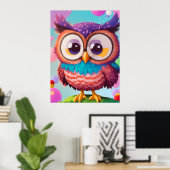 かわいいおもしろいカラフル漫画フクロウAIアート ポスター (ホームオフィス)