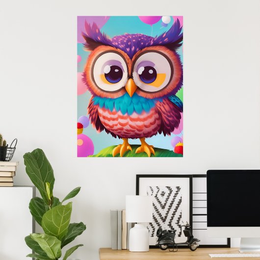 かわいいおもしろいカラフル漫画フクロウAIアート ポスター (ホームオフィス)