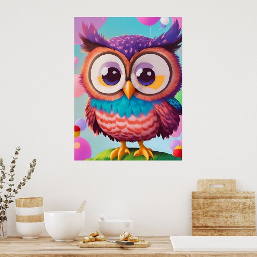 かわいいおもしろいカラフル漫画フクロウAIアート ポスター (キッチン)