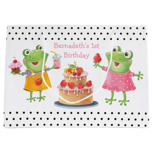 かわいいおもしろいガールフロッグ誕生日パーティー大きなギフトバ ラージペーパーバッグ (正面)