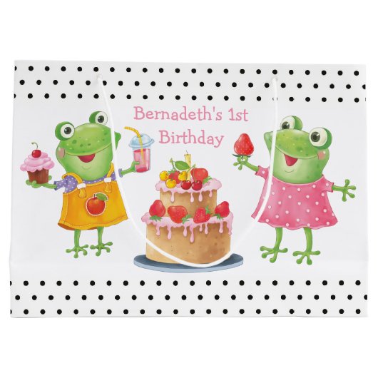 かわいいおもしろいガールフロッグ誕生日パーティー大きなギフトバ ラージペーパーバッグ (裏面)