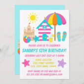 かわいいおもしろいキッズビーチ夏の誕生日パーティー 招待状 (正面/裏面)