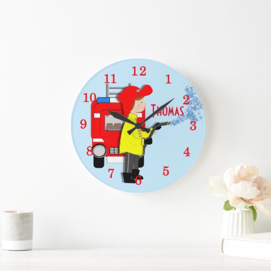 かわいいおもしろいキッズマンガ消防士トラックをテーマにした ラージ壁時計 (ホーム)