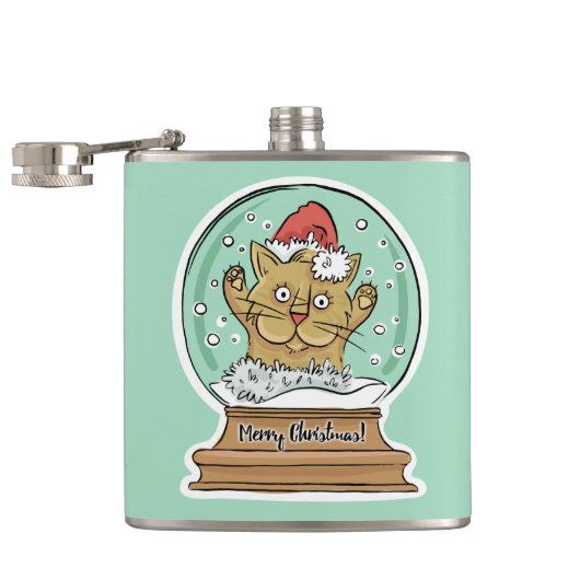 かわいいおもしろいクリスマスキャット名前をカスタムする フラスク (オープン)