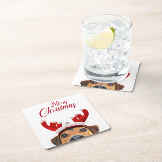 かわいいおもしろいクリスマスドトナカイのアントラーヘッドバンド スクエアペーパーコースター (インサイチュ)