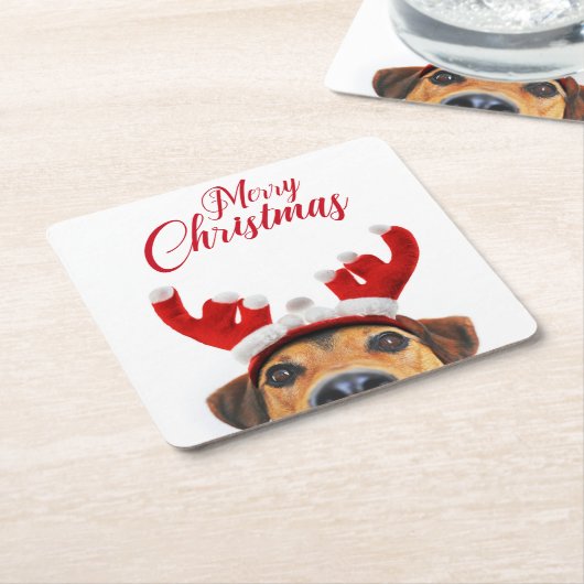 かわいいおもしろいクリスマスドトナカイのアントラーヘッドバンド スクエアペーパーコースター (アングル)