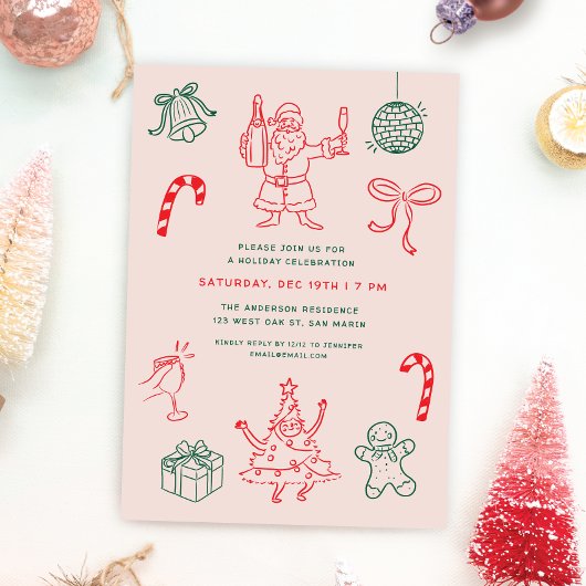 かわいいおもしろいクリスマスドードルズホリデーパーティー 招待状