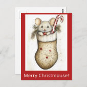 かわいいおもしろいクリスマスマウスストッキング水色 ポストカード (正面/裏面)