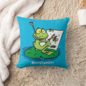 かわいいおもしろいグリーンカエル漫画イラストレーション クッション (ブランケット)