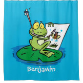 かわいいおもしろいグリーンカエル漫画イラストレーション シャワーカーテン (正面)