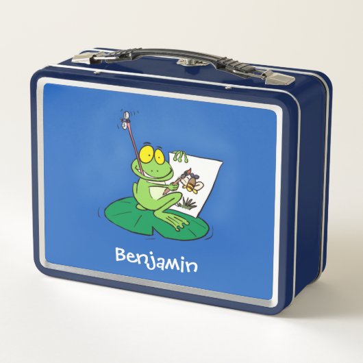 かわいいおもしろいグリーンカエル漫画イラストレーション メタルランチボックス (裏面)