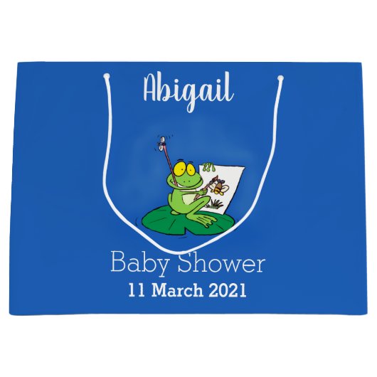 かわいいおもしろいグリーンカエル漫画イラストレーション ラージペーパーバッグ (正面)