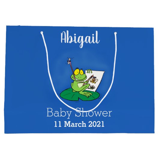 かわいいおもしろいグリーンカエル漫画イラストレーション ラージペーパーバッグ (裏面)