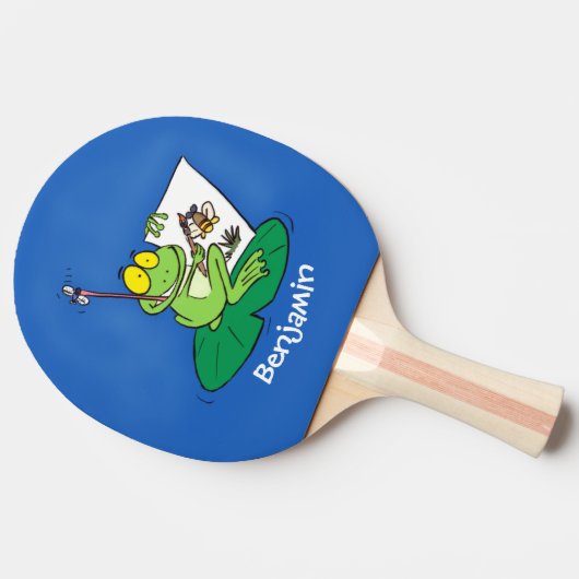 かわいいおもしろいグリーンカエル漫画イラストレーション 卓球ラケット (横)