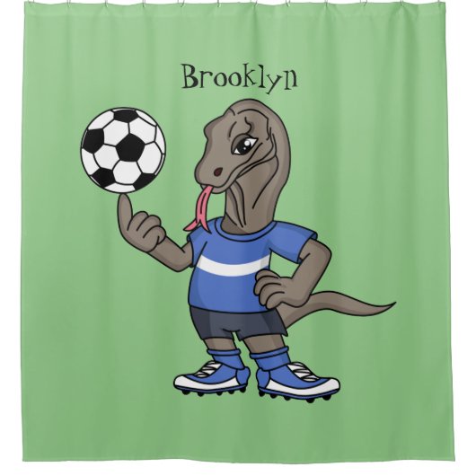 かわいいおもしろいコモドドラゴンの遊サッカー漫画 シャワーカーテン (正面)