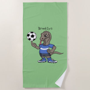 かわいいおもしろいコモドドラゴンの遊サッカー漫画 ビーチタオル