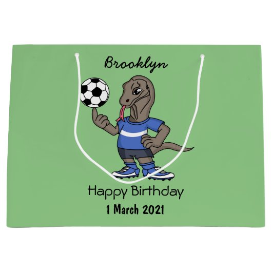 かわいいおもしろいコモドドラゴンの遊サッカー漫画 ラージペーパーバッグ (正面)