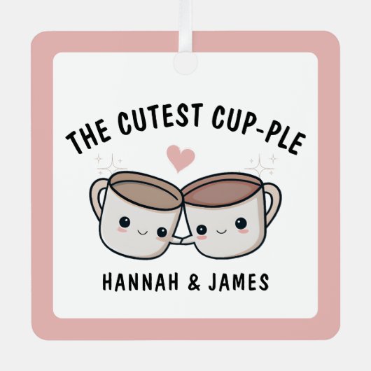 かわいいおもしろいコーヒーカップ配偶者カップルのクリスマス メタルオーナメント (正面)