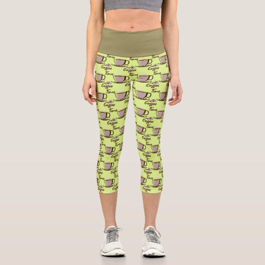 かわいいおもしろいコーヒータイムマグパターンヨガエクササイズ カプリレギンス (正面)