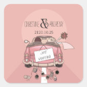 かわいいおもしろいタイポグラフィ「たった今結婚しました!」 カスタマイズ スクエアシール (正面)