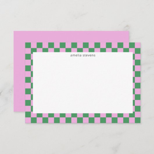 かわいいおもしろいチェッカーボードピンク緑のジオメトリック名 サンキューカード (正面/裏面)