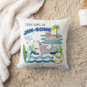 かわいいおもしろいティール(緑がかった色)シャークサーファービーチアイランド クッション (ブランケット)