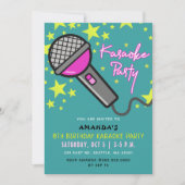 かわいいおもしろいティール(緑がかった色)ピンク子供の誕生日カラオケパーティー 招待状 (正面)