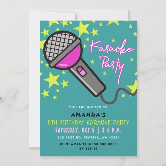 かわいいおもしろいティール（緑がかった色）ピンク子供の誕生日カラオケパーティー 招待状 (正面)