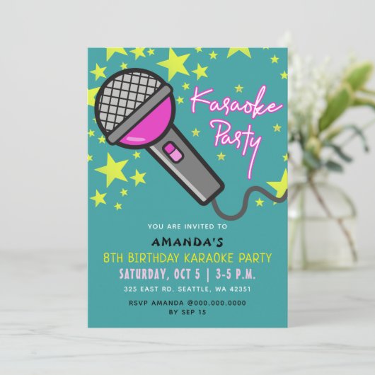 かわいいおもしろいティール（緑がかった色）ピンク子供の誕生日カラオケパーティー 招待状 (スタンド正面)