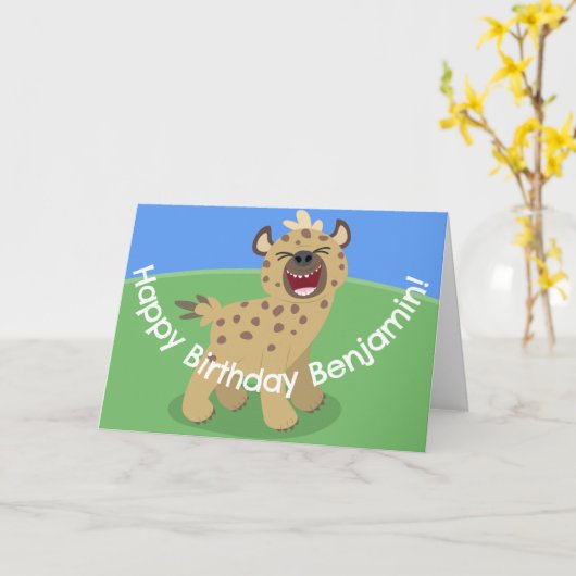 かわいいおもしろいハイエナ笑い漫画イラストレーション カード (黄色い花)