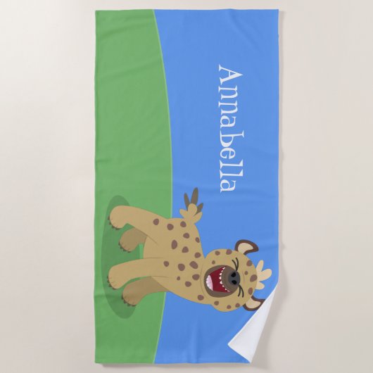 かわいいおもしろいハイエナ笑い漫画イラストレーション ビーチタオル (正面)