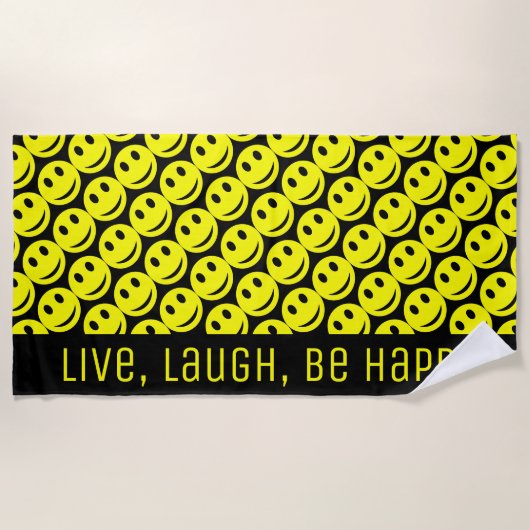 かわいいおもしろいハッピーイエロー笑顔顔 ビーチタオル (正面)