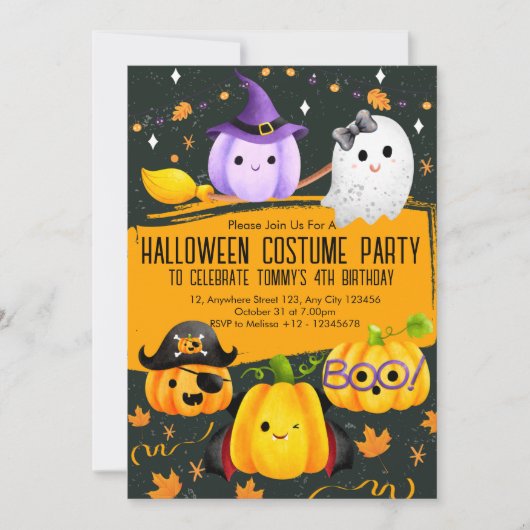 かわいいおもしろいハロウィーンの衣装子供の誕生日 招待状 (正面)