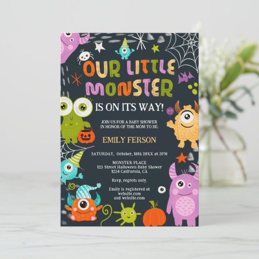 かわいいおもしろいハロウィーン小さなモンスター赤ちゃんシャワー 招待状 (スタンド正面)