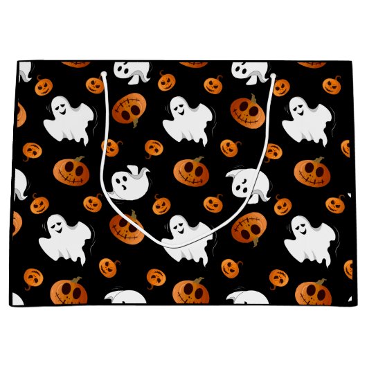 かわいいおもしろいハロウィーン幽霊カボチャパターン ラージペーパーバッグ (正面)
