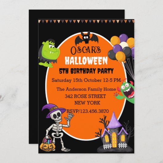 かわいいおもしろいハロウィーン誕生日招待状 招待状 (正面/裏面)