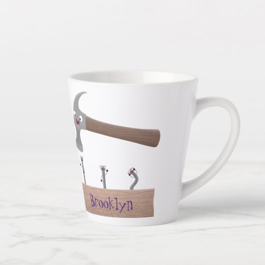 かわいいおもしろいハンマーと爪、 ネイル漫画イラストレーション カフェラテマグ (右)