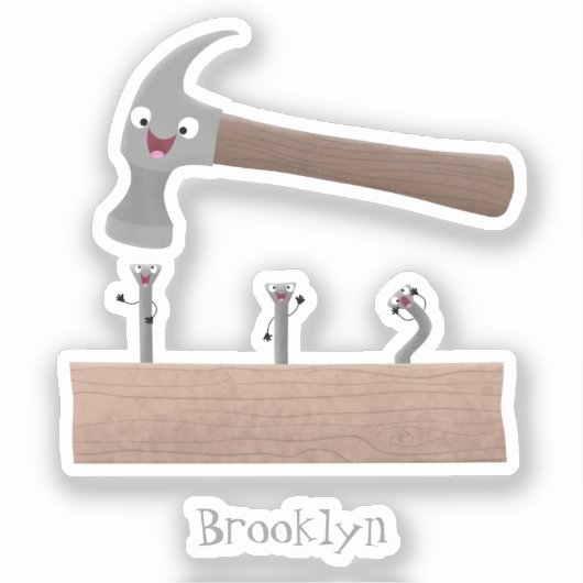 かわいいおもしろいハンマーと爪、 ネイル漫画イラストレーション シール (正面)