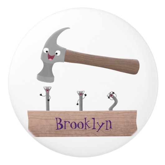 かわいいおもしろいハンマーと爪、 ネイル漫画イラストレーション セラミックノブ (正面)