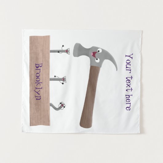 かわいいおもしろいハンマーと爪、 ネイル漫画イラストレーション タペストリー (正面(横))