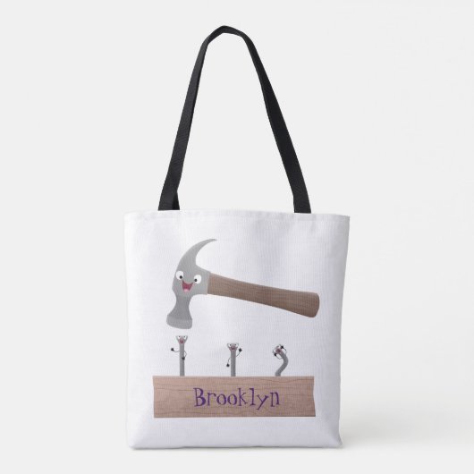 かわいいおもしろいハンマーと爪、 ネイル漫画イラストレーション トートバッグ (裏面)