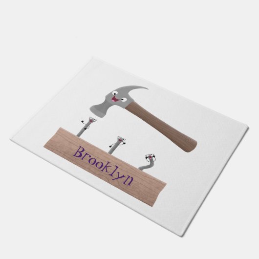 かわいいおもしろいハンマーと爪、 ネイル漫画イラストレーション ドアマット (アングル)