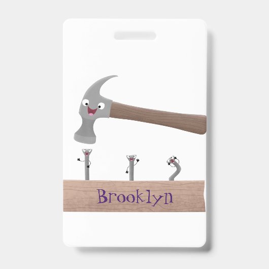 かわいいおもしろいハンマーと爪、 ネイル漫画イラストレーション バッジ (Front)