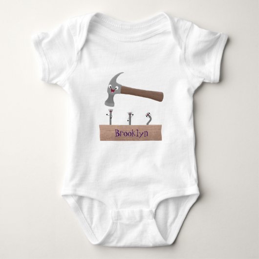 かわいいおもしろいハンマーと爪、 ネイル漫画イラストレーション ベビーボディスーツ (正面)