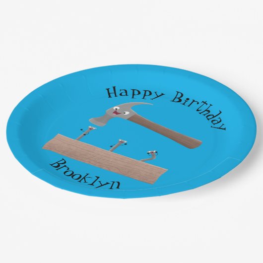 かわいいおもしろいハンマーと爪、 ネイル漫画イラストレーション ペーパープレート (アングル)