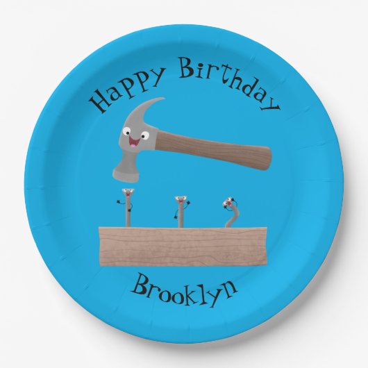 かわいいおもしろいハンマーと爪、 ネイル漫画イラストレーション ペーパープレート (正面)